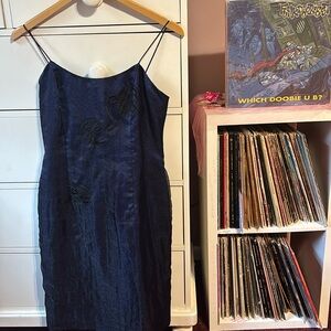 90s Vintage Embroidered Mini Slip Dress Black Iridescent Blue y2k Cocktail S 6 4